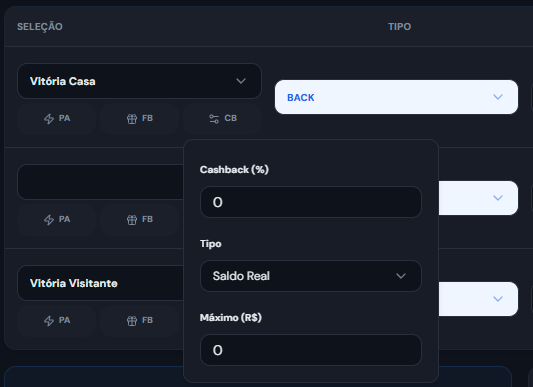Print da função Cashback e freebet na calculadora de surebet