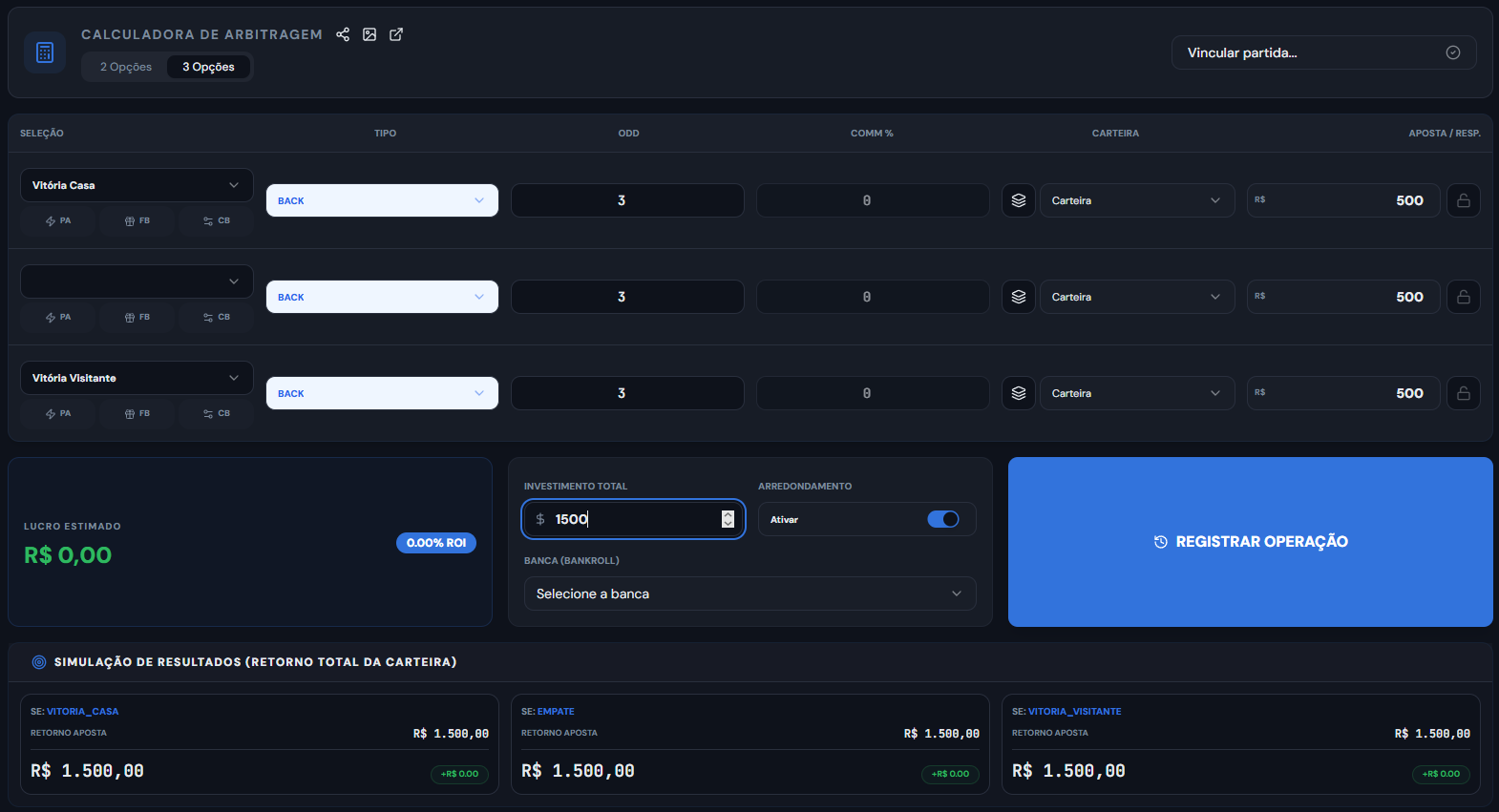 Print real da calculadora de surebet do Gestor de Apostas